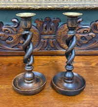 Load image into Gallery viewer, Antique English Open Barley Twist Candlesticks Candle Holders Oak PAIR 10.5&quot;