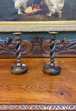 Load image into Gallery viewer, Antique English Open Barley Twist Candlesticks Candle Holders Oak PAIR 10.5&quot;