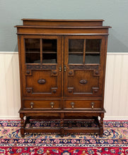 Load image into Gallery viewer, Antique English Jacobean Bookcase Bookshelf Cabinet Double Glass Door Oak c1930s
