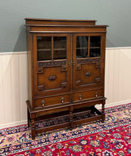 Load image into Gallery viewer, Antique English Jacobean Bookcase Bookshelf Cabinet Double Glass Door Oak c1930s