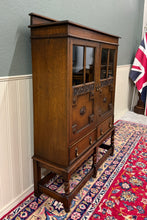 Load image into Gallery viewer, Antique English Jacobean Bookcase Bookshelf Cabinet Double Glass Door Oak c1930s