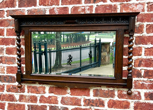 Antique English Wall Mirror Rectangular Barley Twist Post Oak Beveled 1930's