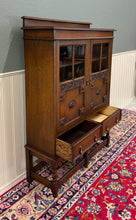 Load image into Gallery viewer, Antique English Jacobean Bookcase Bookshelf Cabinet Double Glass Door Oak c1930s