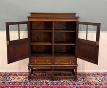 Load image into Gallery viewer, Antique English Jacobean Bookcase Bookshelf Cabinet Double Glass Door Oak c1930s