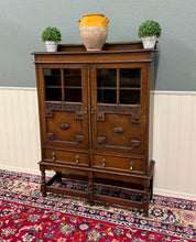 Load image into Gallery viewer, Antique English Jacobean Bookcase Bookshelf Cabinet Double Glass Door Oak c1930s