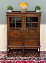 Load image into Gallery viewer, Antique English Jacobean Bookcase Bookshelf Cabinet Double Glass Door Oak c1930s