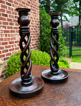 Load image into Gallery viewer, Antique English Open Barley Twist PAIR Candlesticks Candle Holders Oak 12.5&quot; T