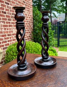 Antique English Open Barley Twist PAIR Candlesticks Candle Holders Oak 12.5" T