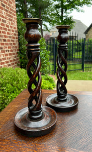 Antique English Open Barley Twist PAIR Candlesticks Candle Holders Oak 12.5" T