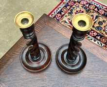 Load image into Gallery viewer, Antique English Open Barley Twist PAIR Candlesticks Candle Holders Oak 12.5&quot; T