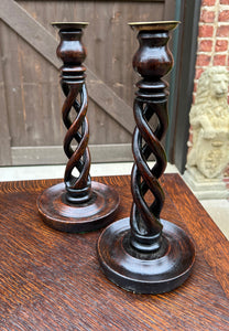 Antique English Open Barley Twist PAIR Candlesticks Candle Holders Oak 12.5" T
