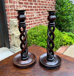 Antique English Open Barley Twist PAIR Candlesticks Candle Holders Oak 12.5" T