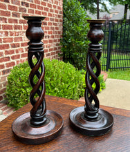 Load image into Gallery viewer, Antique English Open Barley Twist PAIR Candlesticks Candle Holders Oak 12.5&quot; T