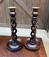 Load image into Gallery viewer, Antique English Open Barley Twist PAIR Candlesticks Candle Holders Oak 12.5&quot; T