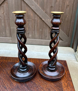 Antique English Open Barley Twist PAIR Candlesticks Candle Holders Oak 12.5" T