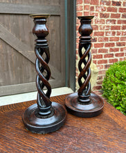 Load image into Gallery viewer, Antique English Open Barley Twist PAIR Candlesticks Candle Holders Oak 12.5&quot; T