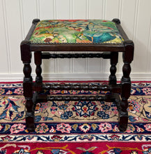 Load image into Gallery viewer, Antique English Upholstered Bench Stool Turned Leg Carved Oak c. 1930s