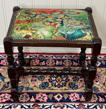 Load image into Gallery viewer, Antique English Upholstered Bench Stool Turned Leg Carved Oak c. 1930s
