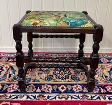 Load image into Gallery viewer, Antique English Upholstered Bench Stool Turned Leg Carved Oak c. 1930s