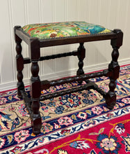 Load image into Gallery viewer, Antique English Upholstered Bench Stool Turned Leg Carved Oak c. 1930s