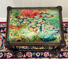 Load image into Gallery viewer, Antique English Upholstered Bench Stool Turned Leg Carved Oak c. 1930s