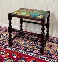 Load image into Gallery viewer, Antique English Upholstered Bench Stool Turned Leg Carved Oak c. 1930s