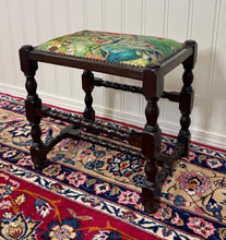 Load image into Gallery viewer, Antique English Upholstered Bench Stool Turned Leg Carved Oak c. 1930s
