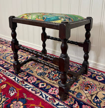 Load image into Gallery viewer, Antique English Upholstered Bench Stool Turned Leg Carved Oak c. 1930s