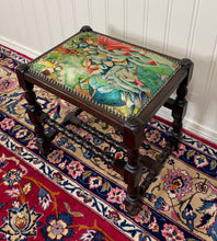 Load image into Gallery viewer, Antique English Upholstered Bench Stool Turned Leg Carved Oak c. 1930s