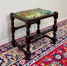 Load image into Gallery viewer, Antique English Upholstered Bench Stool Turned Leg Carved Oak c. 1930s