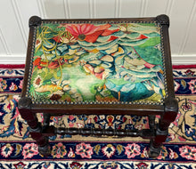 Load image into Gallery viewer, Antique English Upholstered Bench Stool Turned Leg Carved Oak c. 1930s