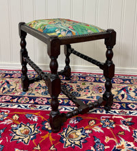 Load image into Gallery viewer, Antique English Upholstered Bench Stool Turned Leg Carved Oak c. 1930s