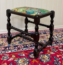 Load image into Gallery viewer, Antique English Upholstered Bench Stool Turned Leg Carved Oak c. 1930s