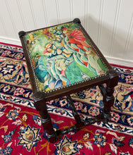 Load image into Gallery viewer, Antique English Upholstered Bench Stool Turned Leg Carved Oak c. 1930s