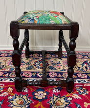 Load image into Gallery viewer, Antique English Upholstered Bench Stool Turned Leg Carved Oak c. 1930s