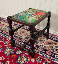 Load image into Gallery viewer, Antique English Upholstered Bench Stool Turned Leg Carved Oak c. 1930s