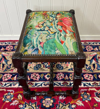 Load image into Gallery viewer, Antique English Upholstered Bench Stool Turned Leg Carved Oak c. 1930s