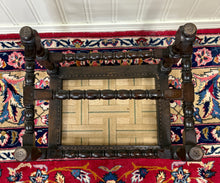 Load image into Gallery viewer, Antique English Upholstered Bench Stool Turned Leg Carved Oak c. 1930s