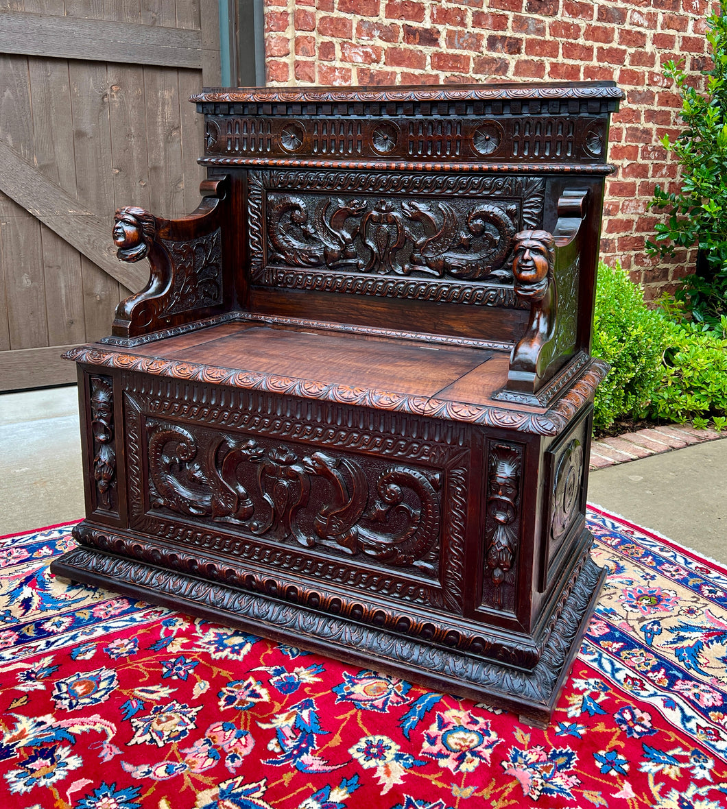 Antique French Monks Bench Settee Entry Petite Renaissance Revival Walnut c1870s