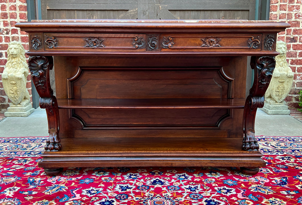 Antique French Gothic Server Sideboard Console Table 2-Tier Walnut Marble Top