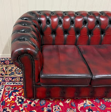 Load image into Gallery viewer, Vintage English Chesterfield Leather Tufted Sofa Oxblood Red Mid Century