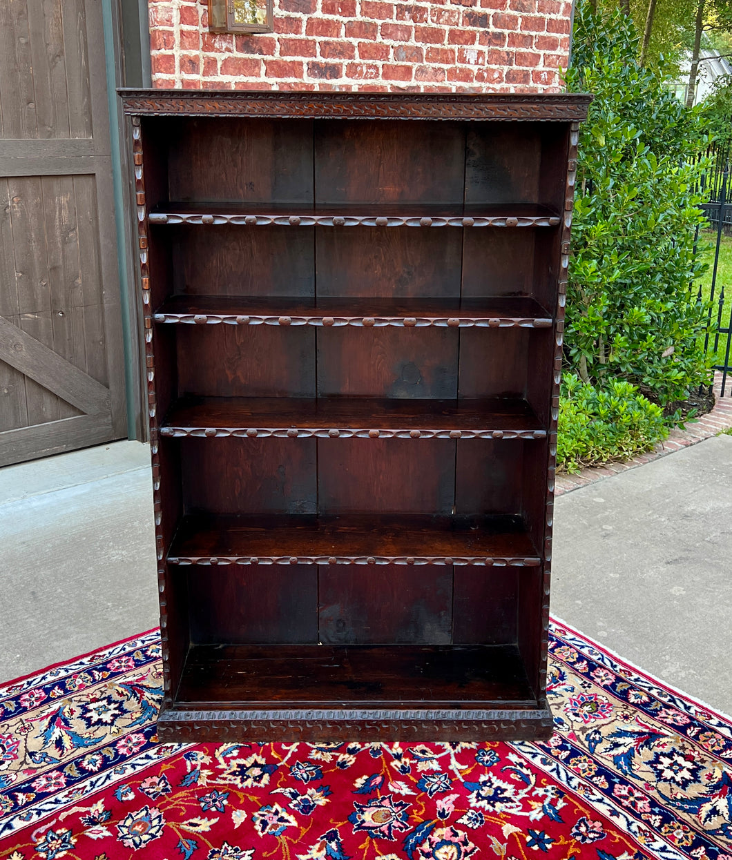 Antique English Bookcase Bookshelf Display Cabinet TALL Carved Oak c. 1900