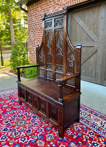 Antique French Bench Settee Gothic Oak Tracery Lift Top Seat Storage Trunk 19C