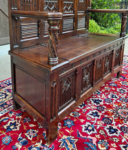 Load image into Gallery viewer, Antique French Bench Settee Gothic Oak Tracery Lift Top Seat Storage Trunk 19C