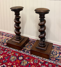 Load image into Gallery viewer, Antique PAIR French Louis XIII Barley Twist Pedestals Plant Stands Oak 33" T