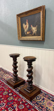 Load image into Gallery viewer, Antique PAIR French Louis XIII Barley Twist Pedestals Plant Stands Oak 33" T