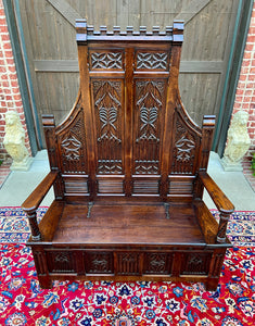 Antique French Bench Settee Gothic Oak Tracery Lift Top Seat Storage Trunk 19C