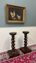 Load image into Gallery viewer, Antique PAIR French Louis XIII Barley Twist Pedestals Plant Stands Oak 33" T