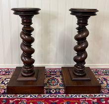 Load image into Gallery viewer, Antique PAIR French Louis XIII Barley Twist Pedestals Plant Stands Oak 33" T