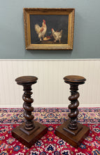Load image into Gallery viewer, Antique PAIR French Louis XIII Barley Twist Pedestals Plant Stands Oak 33" T